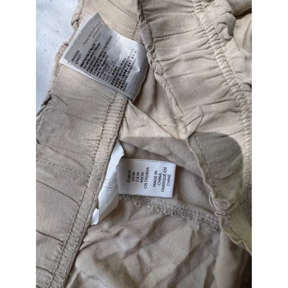 H&M Womens Medium Beige Wide Leg Elastic Waist Cropped Flowy Pants Tan Trousers‎